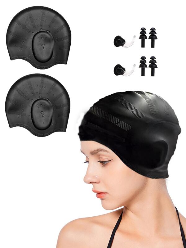 2 pièces Bonnet de bain en silicone, design ergonomique 3D, bonnet de bain imperméable, bonnet de bain de couleur unie convenant aux hommes adultes, aux femmes aux cheveux longs, accessoires de plage, accessoires de piscine