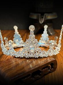 Vương miện lớn sang trọng kiểu Âu và Mỹ, phụ kiện đội đầu biểu diễn, vương miện tròn trang trí bằng hợp kim kẽm và đá quý. - Bạc - Xem 2