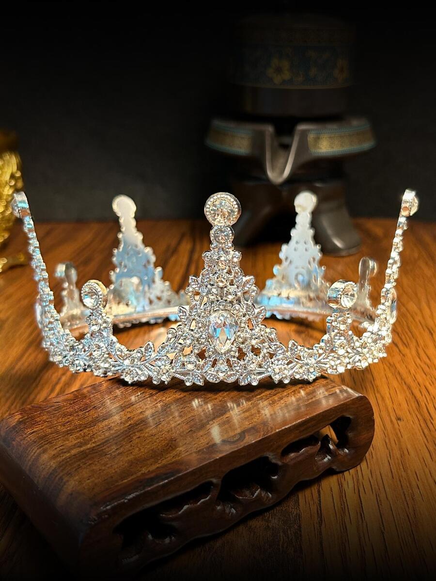 Vương miện lớn sang trọng kiểu Âu và Mỹ, phụ kiện đội đầu biểu diễn, vương miện tròn trang trí bằng hợp kim kẽm và đá quý. - Bạc - Xem 1