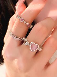 17KM 3 件时尚简约水钻心形、水钻和猫眼石开口戒指套装，可调节尺寸，派对约会礼物，Y2K 情人节、妈妈、母亲、母亲节、礼物 - 銀色 - 查看 3