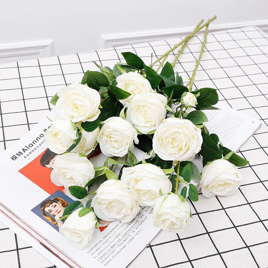6入組圓形白色玫瑰仿真花適用於拍照片,家庭裝飾用品,婚禮,派對,事件,插花,花束伴娘手持,布玫瑰,塑膠花卉 - 白色 - 查看 1