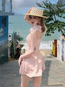 素色胸部褶皺荷葉邊連體泳衣 - 粉色 - 查看 5