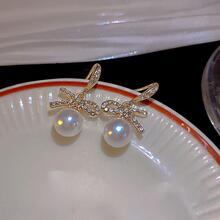 1對合金蝴蝶結＆人造珍珠耳環 - 彩色 - 查看 3