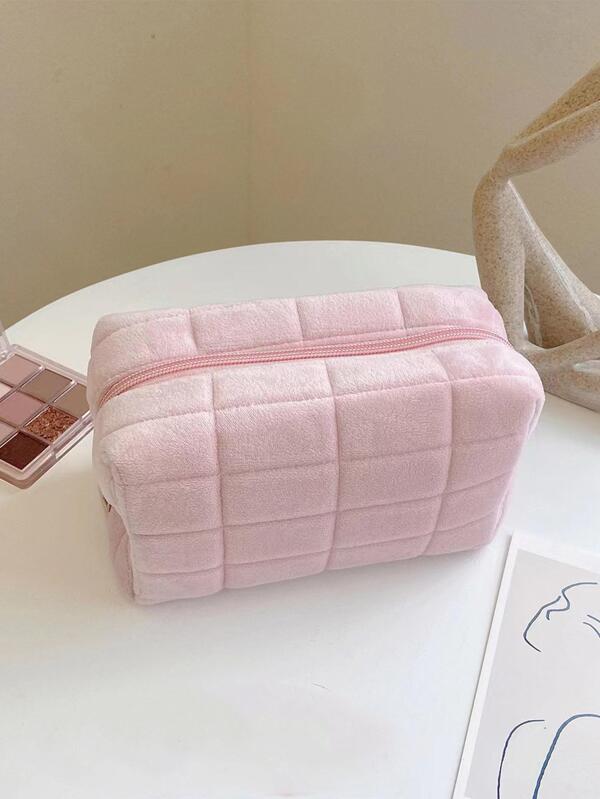 Checkered Pattern Makeup Bag, 1Pc Exquisite Solid Color Minimalist