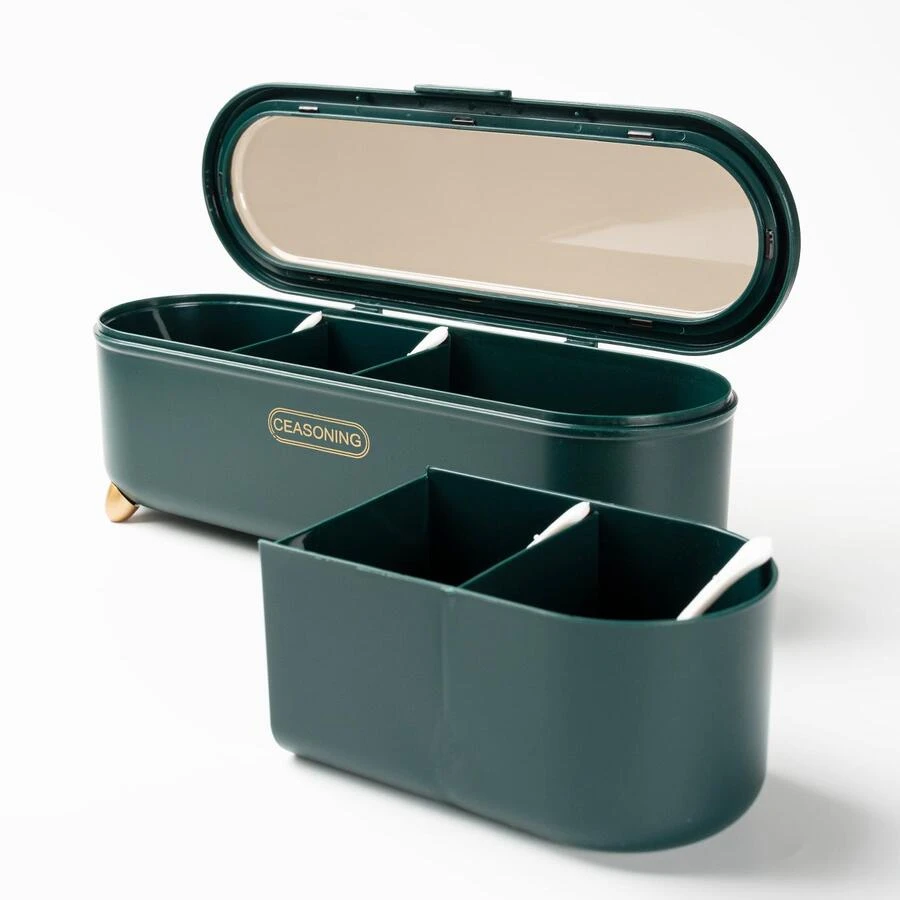 4 Grids Multipurpose Dustproof Seasoning Box With Spoon, Portable Kitchen Spice Container