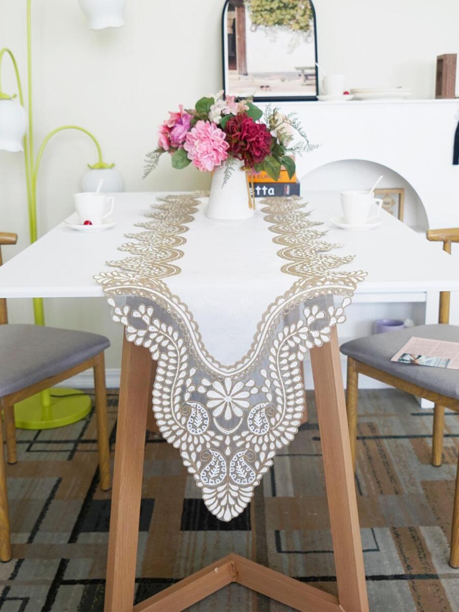 1 pieza Bandera blanco con bordado con encaje mesa - Blanco - Ver 1