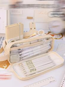 1 pieza Caja de pluma estilo japones de gran capacidad transparente de doble capa - Blanco - Ver 5