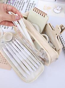 1 pieza Caja de pluma estilo japones de gran capacidad transparente de doble capa - Blanco - Ver 6