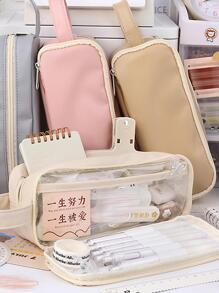 1 pieza Caja de pluma estilo japones de gran capacidad transparente de doble capa - Blanco - Ver 4