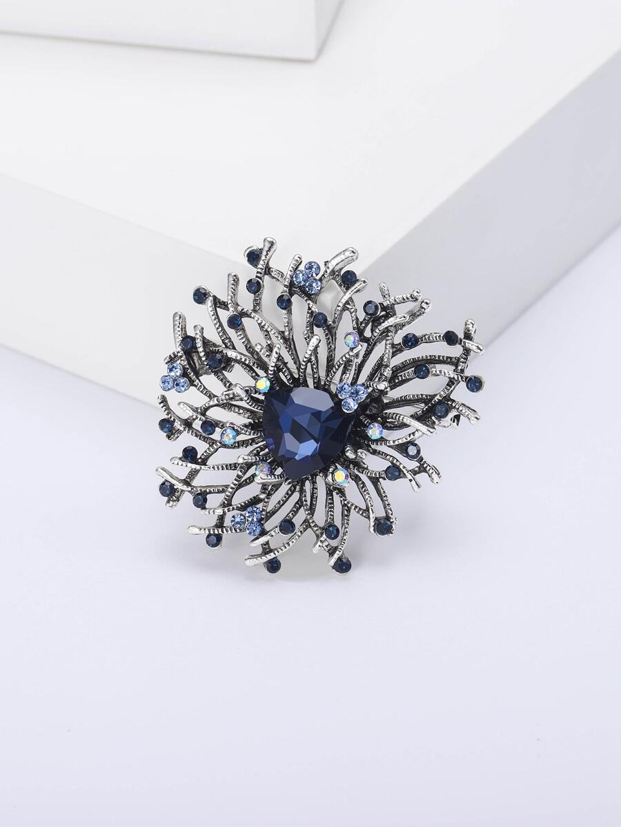 1入組魅力四射鋅合金水鑽裝飾花朵設計胸針適合女士日常裝飾 - 藍色 - 查看 1
