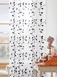 2 Pcs Embroidered Sheer Curtains, Leaf Pattern Voile Curtains For Bedroom, Rod Pocket Light Filtering Living Room Curtains, Decorative Curtains - 藏蓝色 - 查看 3