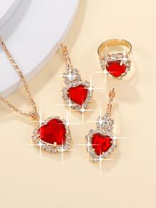 4入组/套魅力四射方晶鋯石愛心裝飾首飾套裝適合女士日常裝飾 - 紅色 - 查看 3