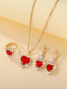 4入组/套魅力四射方晶鋯石愛心裝飾首飾套裝適合女士日常裝飾 - 紅色 - 查看 2