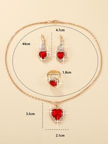 4入组/套魅力四射方晶鋯石愛心裝飾首飾套裝適合女士日常裝飾 - 紅色 - 查看 4