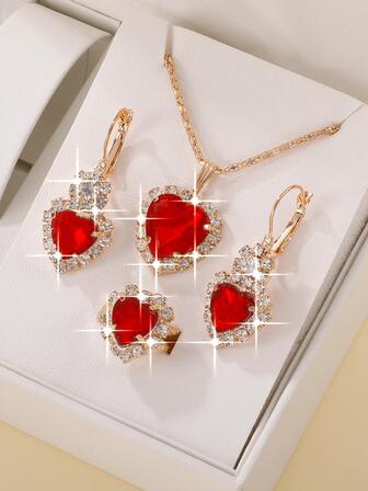 4 piezas/set Set joya atractivo zirconia cúbica con adorno de corazón para mujeres para decoración diaria