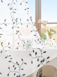 2 Pcs Embroidered Sheer Curtains, Leaf Pattern Voile Curtains For Bedroom, Rod Pocket Light Filtering Living Room Curtains, Decorative Curtains - Xám - Xem 3