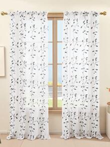 2 Pcs Embroidered Sheer Curtains, Leaf Pattern Voile Curtains For Bedroom, Rod Pocket Light Filtering Living Room Curtains, Decorative Curtains - Xám - Xem 2
