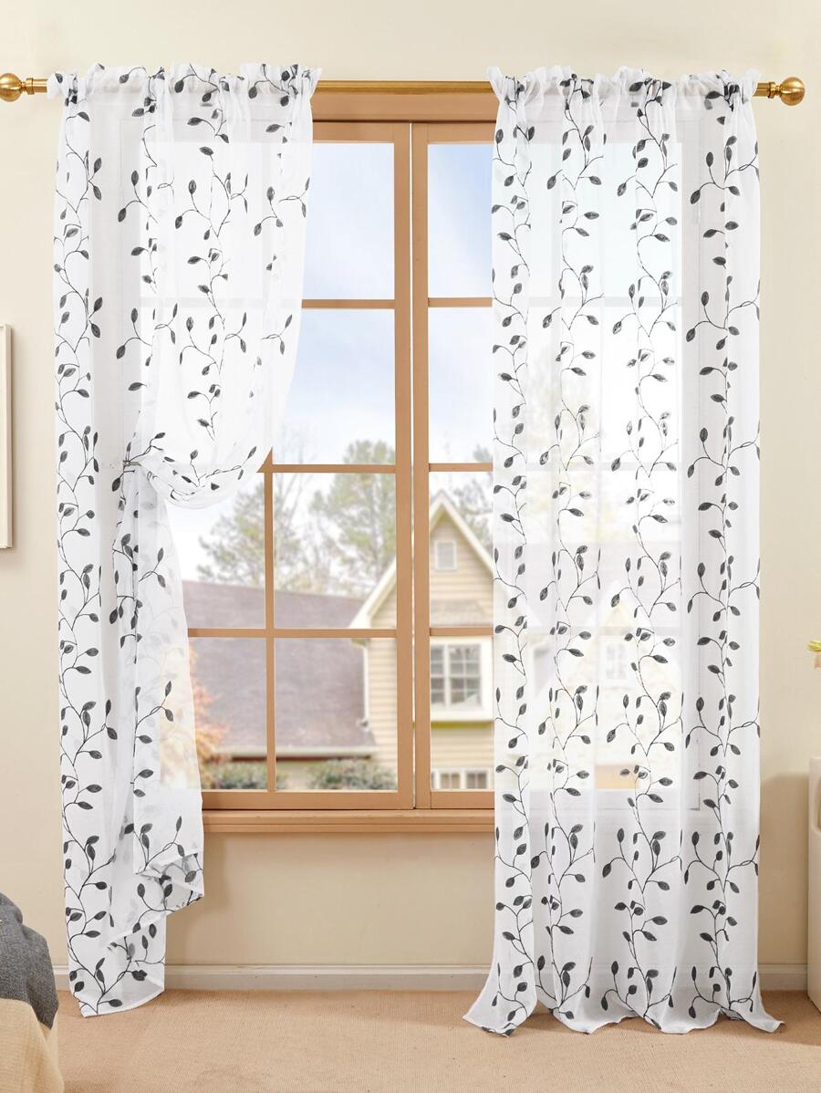 2 Pcs Embroidered Sheer Curtains, Leaf Pattern Voile Curtains For Bedroom, Rod Pocket Light Filtering Living Room Curtains, Decorative Curtains - Xám - Xem 1