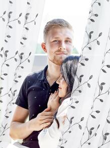 2 Pcs Embroidered Sheer Curtains, Leaf Pattern Voile Curtains For Bedroom, Rod Pocket Light Filtering Living Room Curtains, Decorative Curtains - Xám - Xem 4