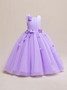 Tween-Mädchen Kleid im Blumen-Mesh-Stil, elegant und prinzessinnenhaft, geeignet für Geburtstag, Feierlichkeiten und Aufführungen