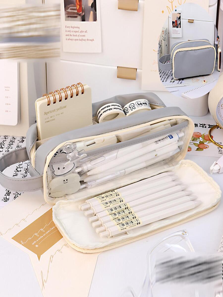 1 pieza Estuche estilo japones de gran capacidad doble capas transparente - Gris - Ver 1