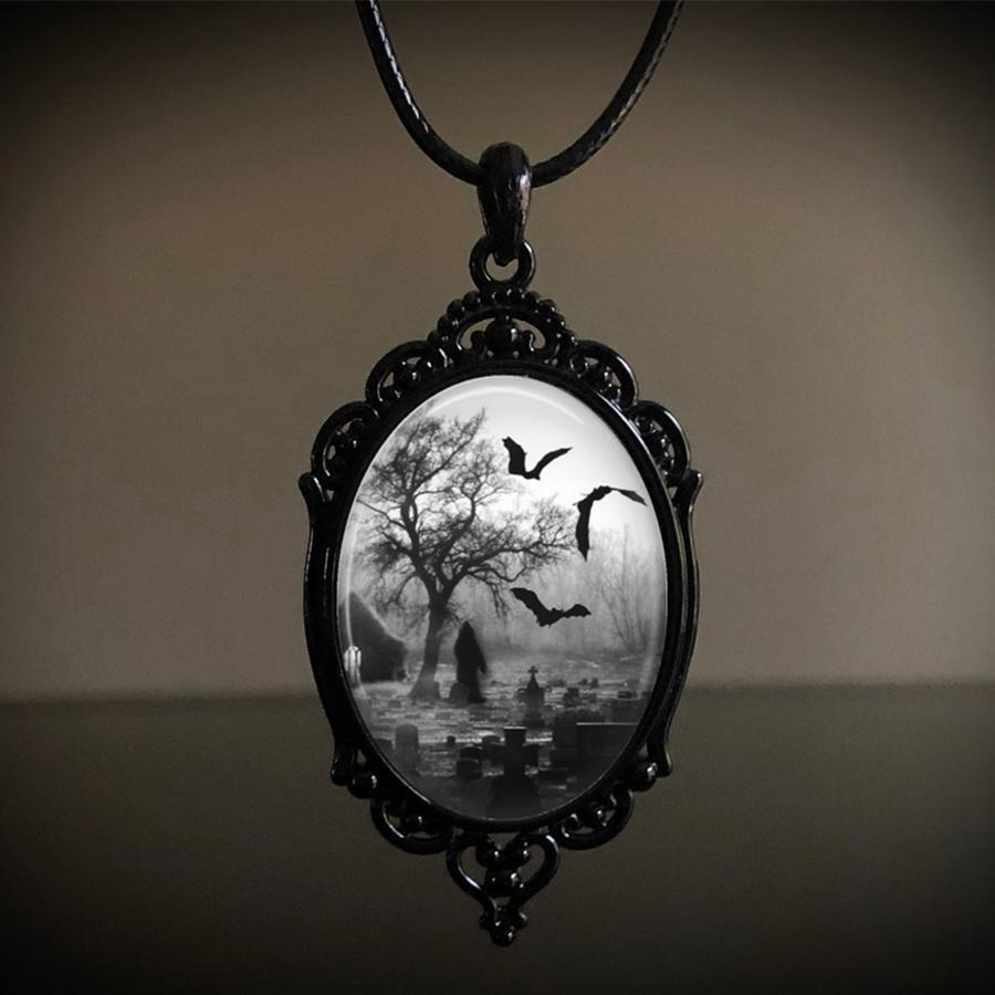 Gothic Bat Print Oval Pendant Necklace - cemetery - View 1