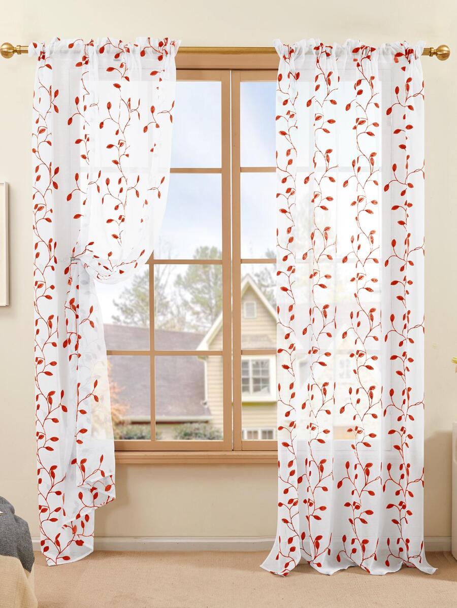 2 Pcs Embroidered Sheer Curtains, Leaf Pattern Voile Curtains For Bedroom, Rod Pocket Light Filtering Living Room Curtains, Decorative Curtains - trái cam - Xem 1