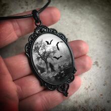 Gothic Bat Print Oval Pendant Necklace - cemetery - View 3