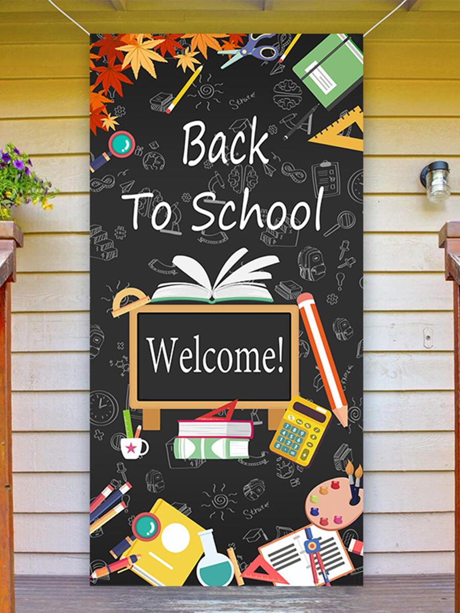1pc Back To School Vertical Banner For Classroom Door Blackboard Decoration And Party Background Cloth - Black - View 1