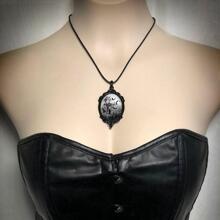 Gothic Bat Print Oval Pendant Necklace - cemetery - View 2