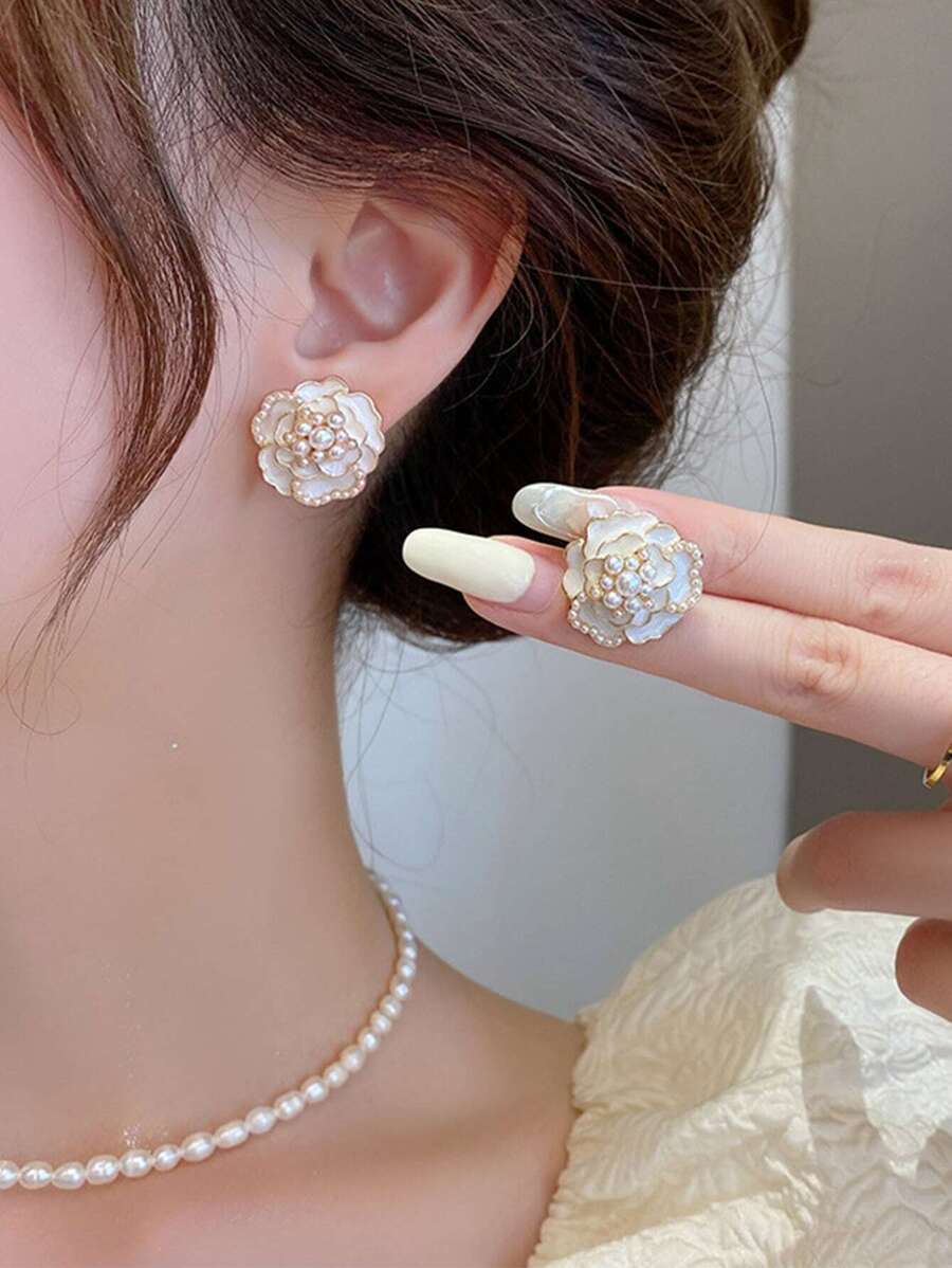 topshiny 1 cặp bông tai đinh tán hoa trà trắng bằng bạc kim phong cách cổ điển trang sức thời trang cho phụ nữ ngày lễ tình nhân, mẹ, mẹ, ngày của mẹ, quà tặng - Màu be - Xem 1