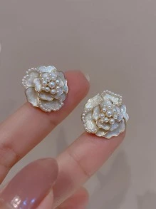 topshiny 1 cặp bông tai đinh tán hoa trà trắng bằng bạc kim phong cách cổ điển trang sức thời trang cho phụ nữ ngày lễ tình nhân, mẹ, mẹ, ngày của mẹ, quà tặng - Màu be - Xem 2