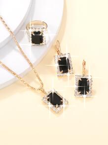4 piezas/set Set joya de moda con diamante de imitación rectángulo adorno para mujeres para regalo - Negro - Ver 3