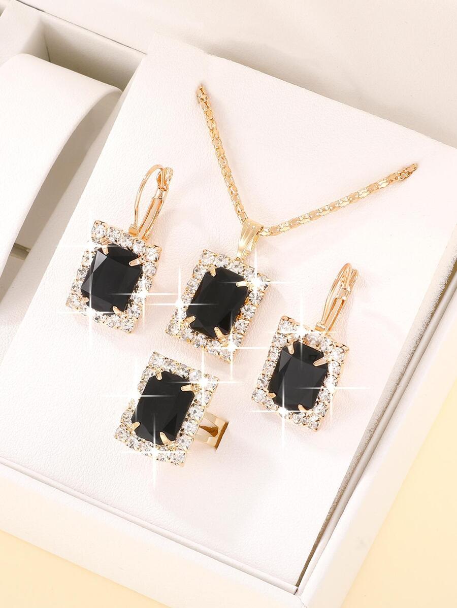 4 piezas/set Set joya de moda con diamante de imitación rectángulo adorno para mujeres para regalo - Negro - Ver 1