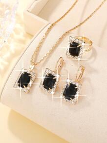 4 piezas/set Set joya de moda con diamante de imitación rectángulo adorno para mujeres para regalo - Negro - Ver 2
