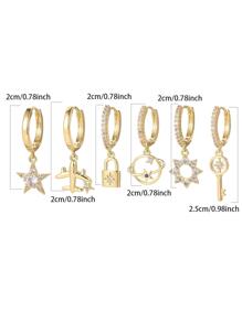 6入組銀色顏色方晶鋯石飛機星星鎖鑰匙圓耳環適合女士創意耳環套裝 - 玫瑰金 - 查看 4