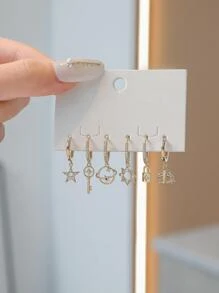 6入組銀色顏色方晶鋯石飛機星星鎖鑰匙圓耳環適合女士創意耳環套裝 - 玫瑰金 - 查看 3