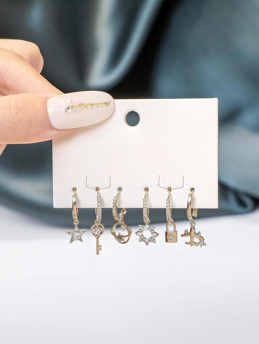 6入組銀色顏色方晶鋯石飛機星星鎖鑰匙圓耳環適合女士創意耳環套裝 - 玫瑰金 - 查看 1