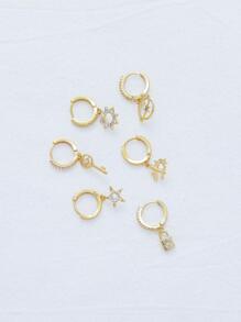 6入組銀色顏色方晶鋯石飛機星星鎖鑰匙圓耳環適合女士創意耳環套裝 - 玫瑰金 - 查看 7