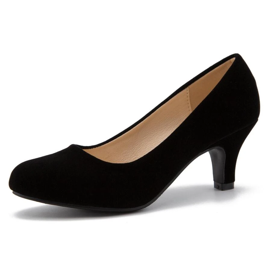 Women's Classic Round Toe Pump Kitten Low Heel Shoes - Black - View 1