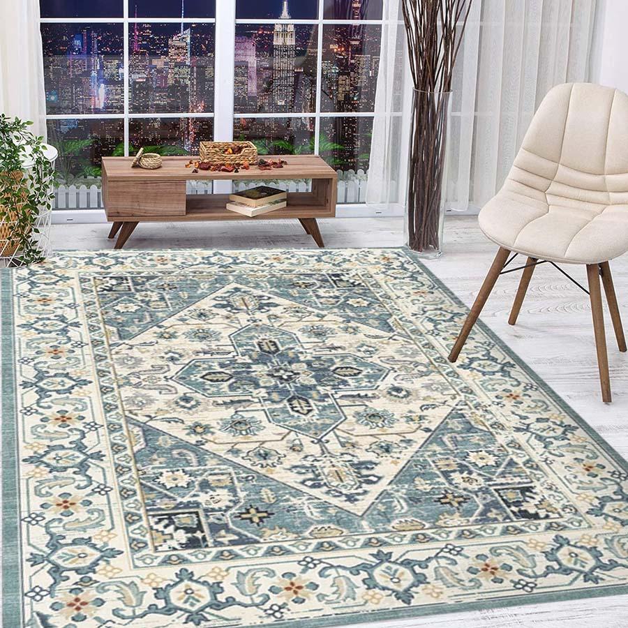 Vintage Abstract Pattern Living Room Rug, Modern Home Bedroom Bedside Carpet - Blue - View 1
