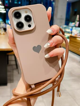 情人节简约纯色可调节斜挎挂绳TPU金属心形防摔手机壳保护套适用于iPhone11/12/13/14/15/16 PROMAX
