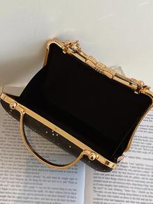 Fashionable Simple Lightweight Gorgeous Elegant Rhinestone Decor Black & Gold Clutch Bag With Chain Strap - Black - View 4