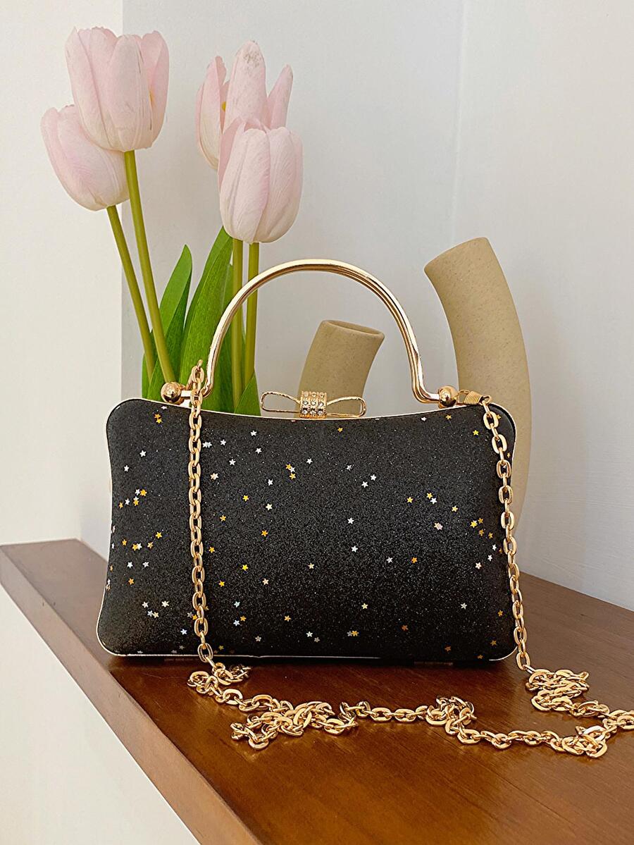 Fashionable Simple Lightweight Gorgeous Elegant Rhinestone Decor Black & Gold Clutch Bag With Chain Strap - Black - View 1