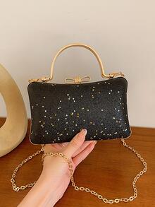 Fashionable Simple Lightweight Gorgeous Elegant Rhinestone Decor Black & Gold Clutch Bag With Chain Strap - Black - View 2