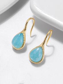 1對純銀925天然海藍寶石垂墜耳環,獨特的水滴造型設計,適用於女士優雅的耳洞飾品,作為禮物、派對、婚禮配件 - 金黃色 - 查看 2