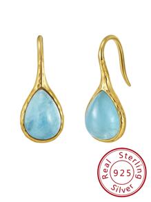 1對純銀925天然海藍寶石垂墜耳環,獨特的水滴造型設計,適用於女士優雅的耳洞飾品,作為禮物、派對、婚禮配件 - 金黃色 - 查看 1