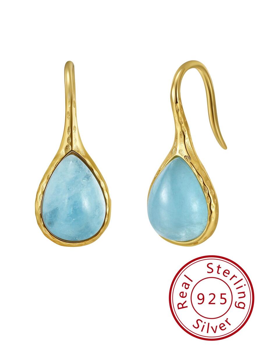 1對純銀925天然海藍寶石垂墜耳環,獨特的水滴造型設計,適用於女士優雅的耳洞飾品,作為禮物、派對、婚禮配件 - 金黃色 - 查看 1