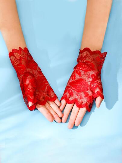 1pair Black Lace Rose Decoration Sheer Breathable Party Gloves