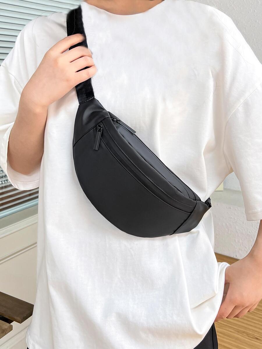 Water-Proof Nylon Material Front Zipper Bag Men's Simple Casual Solid Color Versatile Crossbody Waist Bag For Books Winter Shoulder Bag Rider Bag Black Bag Large Capacity Multi-Functional Outdoor Vacation Travel Chest Bag Belt Bag For Men Pouch Phone Bag - Black - View 1